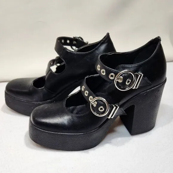 Lamoda Platform Mary Jane Heels Double Strap Ring Buckle Goth Alt Black Size 8 - Picture 2 of 13